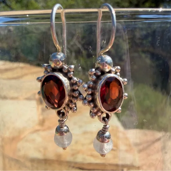 Vintage 925 Sterling Silver Garnet Earrings | Artisan India | January Birthstone - Picture 4 of 6
